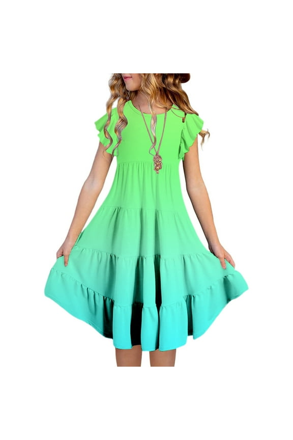 Dress for Girls 7-8 Crew Neck Ruffled Sleeve Gradient Color Layered Comfortable Sundress for Girls Photo Outfit Summer Clothes Summer Maxi Dress for 5-14 Years Green 140