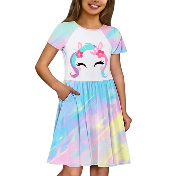 shoper Dress for Girls Crew Neck Cartoon Print Short Sleeve Elegant Summer Dresses Flower Girl Dresses for Girls Sky Blue 120