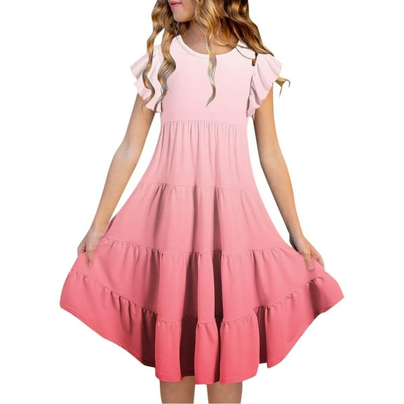 shoper Dresses for Girls 7-8 Ruffled Sleeve Gradient Color Crew Neck Swing Elegant Summer Dresses Girl Birthday Party Dress Watermelon Red 150