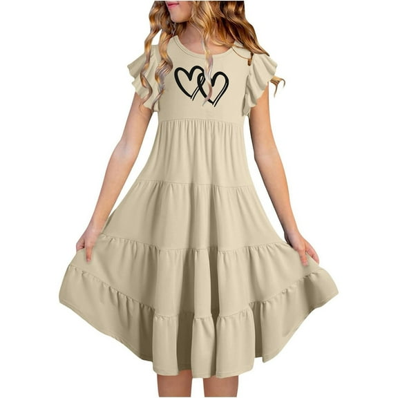 shoper Dresses for Girls Size 12 Ruffled Sleeve Crew Neck Heart Print A-Line Comfortable Midi Dress Girls Back To School Dress Beige 130