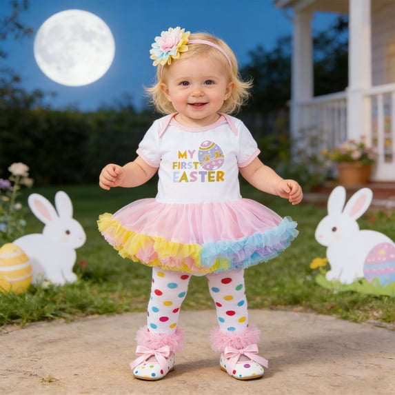 shoper Easter Baby Girl Party Dress Cute Cartoon Embroidered Egg Short Sleeve Romper Skirt Set with Hair Bow, Girls Summer Outfits White