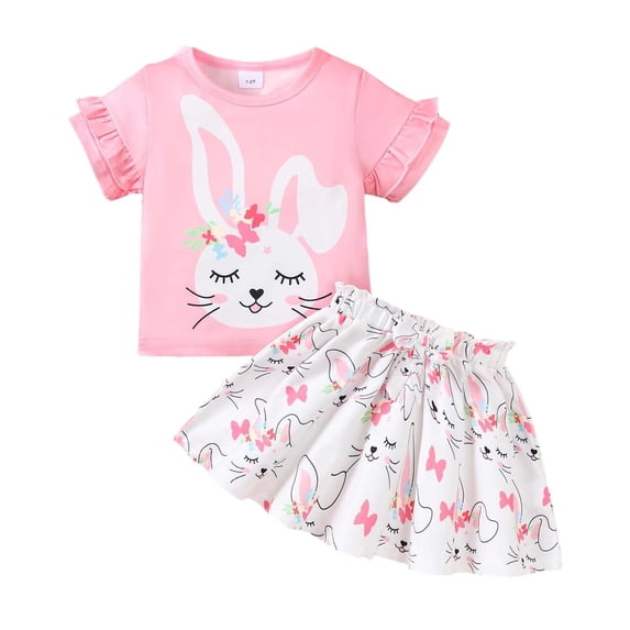 shoper Easter Bunny Egg Print Girls Two Piece Outfit Fashion Ribbon Bow Blouse with Lace Trim and Pleated Skirt Set, Cute Baby Girl Outfits