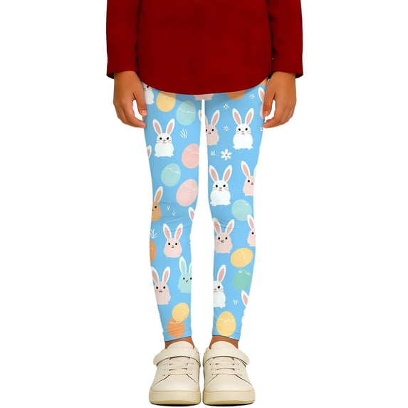 shoper Easter Day Graphic Leggings High Waisted Yoga Pants for Girls Workout Running Sports Stretch Trousers Cute Printed Girls Stretch Leggings 3-14 Years Light Blue