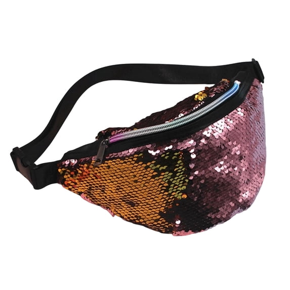 shoper Fashion Sport Casual Crossbody Sequin Waist Pack Shoulder Adjustable Lightweight Shape Zip Closure Pink
