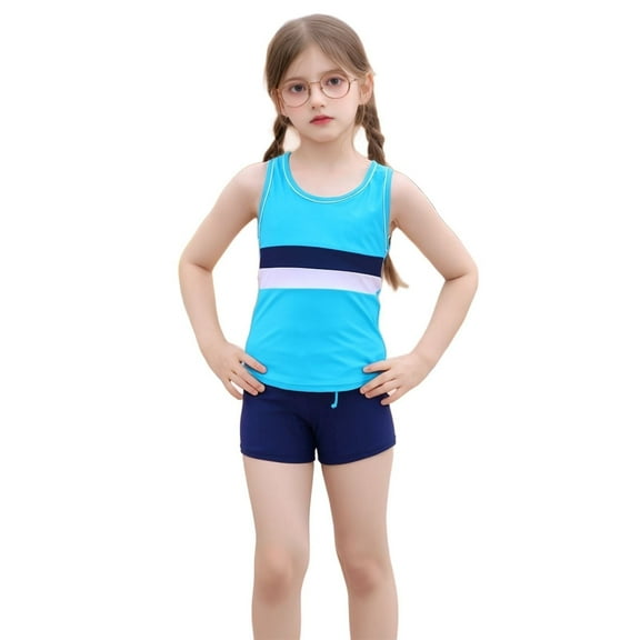 shoper Girl Swimsuit Size 10-12 Quick Dry Sleeveless Two Piece Swimsuits Tops and Boyshort Stretchy Bathing Suit Kids' Beach Swimming Sky Blue 3XL
