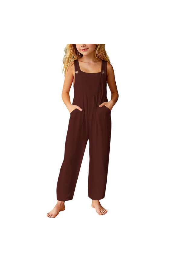 Girl's Casual Overalls Jumpsuits One Piece Adjustable Straps Wide Leg Long Bib Pant Rompers with Pockets Brown