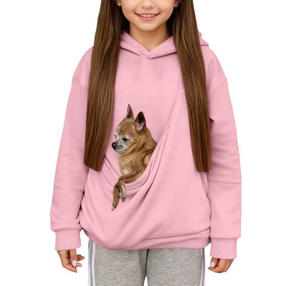 shoper Girl's Hoodie with Cat Pocket, Funny Hoodies Pouch Hoodie for Kid Kangaroo Pocket Dog Pouch Sweatshirts Breathable Pet Carry Bag Pullover Animal Holder Long Sleeve Tops Pink