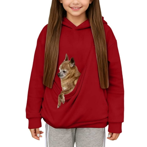 shoper Girl's Hoodie with Cat Pocket, Funny Hoodies Pouch Hoodie for Kid Kangaroo Pocket Dog Pouch Sweatshirts Breathable Pet Carry Bag Pullover Animal Holder Long Sleeve Tops Red