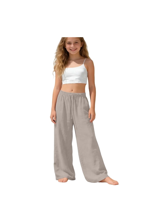 Girl's Linen Palazzo Pants Flowy Wide Leg Beach Trousers with Pockets High Waisted Casual Comfy Loose Pants Summer