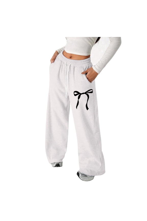 Girls Baggy Sweatpants Bow Drawstring Wide Leg Y2K Sweat Pants Elastic Waist Workout Athletic Trousers 4-16 Years Light Gray