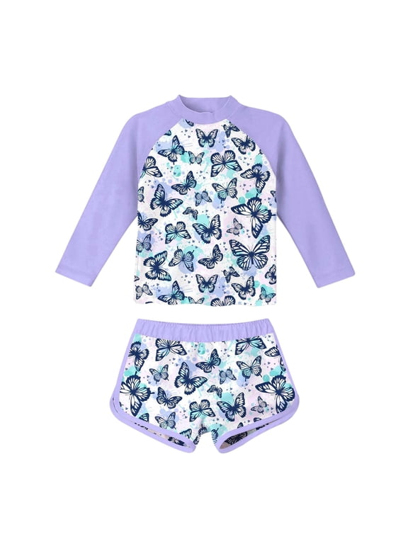 Girls Bathing Suits Size 10-12 Durability Butterfly Print Long Sleeve 2 Piece Swimsuit Adorable Bathing Suit Pretty Girls' Pool Wear Light 10Y