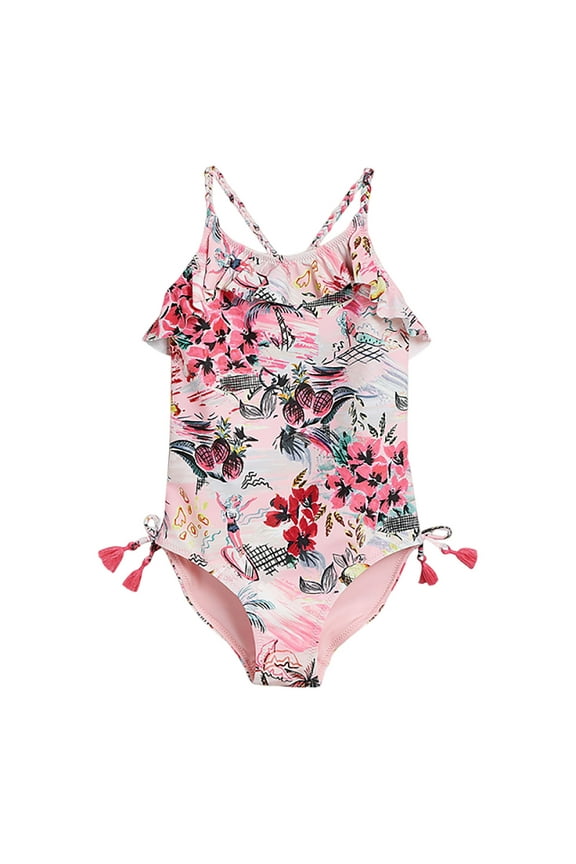 Girls Bathing Suits Size 10-12 Stylish Design Floral Print Spaghetti One Piece Swimsuits Romper Trendy Rash Guard Set Colorful Kids' Swimming Clothes Pink 110