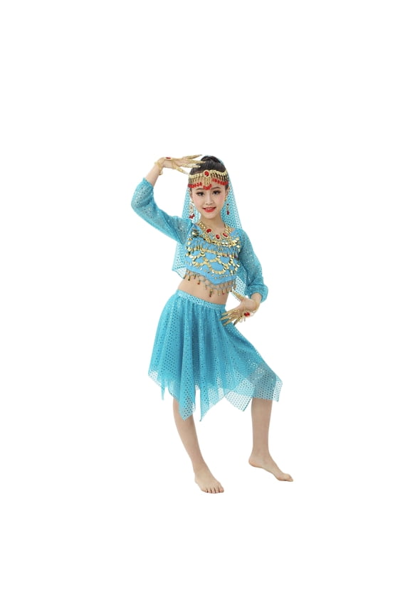 Girls Belly Dance Performance Set with Short Skirt and Sleeves for Stage Show Outfit, Toddler Girls Clothes