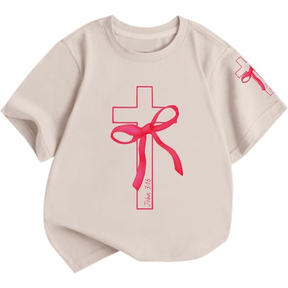 shoper Girls Cute Christian Shirts Kids Pink Bow Shirt Jesus God Faith Tshirts Verse Graphic Tee Tops (Beige)
