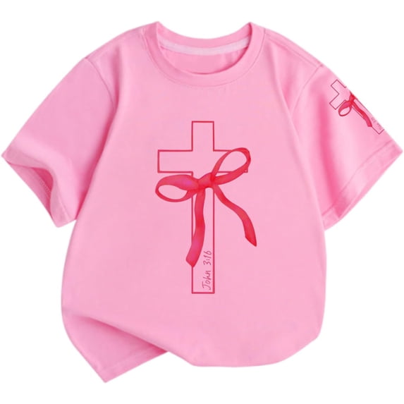 shoper Girls Cute Christian Shirts Kids Pink Bow Shirt Jesus God Faith Tshirts Verse Graphic Tee Tops (Pink)