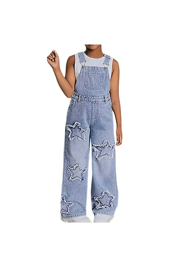 Girls Denim Bib Overalls Star Patchwork Straight Leg Adjustable Straps Stretchy Jean Dungarees Pants With Pockets Size 8-13 Years