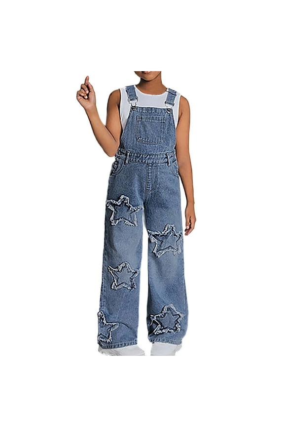 Girls Denim Bib Overalls Star Patchwork Straight Leg Adjustable Straps Stretchy Jean Dungarees Pants With Pockets Size 8-13 Years