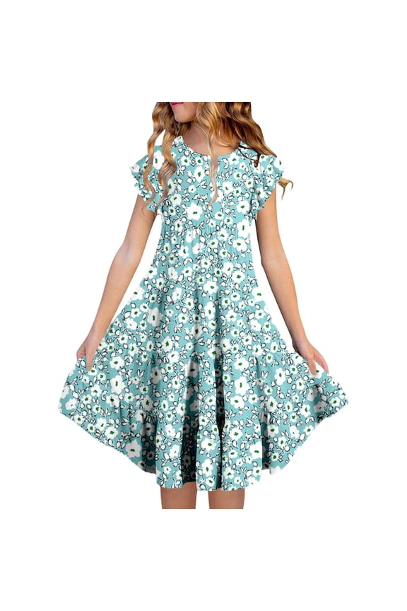 Girls Dresses Size 14-16 Ruffled Sleeve Floral Print Crew Neck A-Line Elegant Summer Dresses Princess Dress for Girls Sky Blue 140