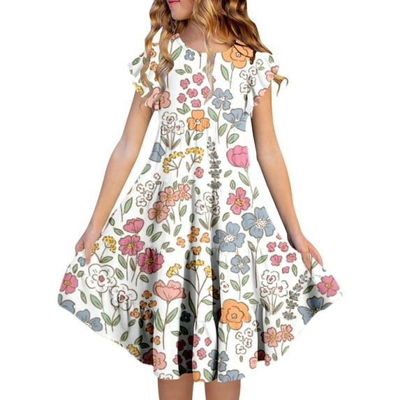 shoper Girls Dresses Size 14-16 Ruffled Sleeve Floral Print Crew Neck Swing Flowy Midi Dress Girls Dance Performance Dress White 150