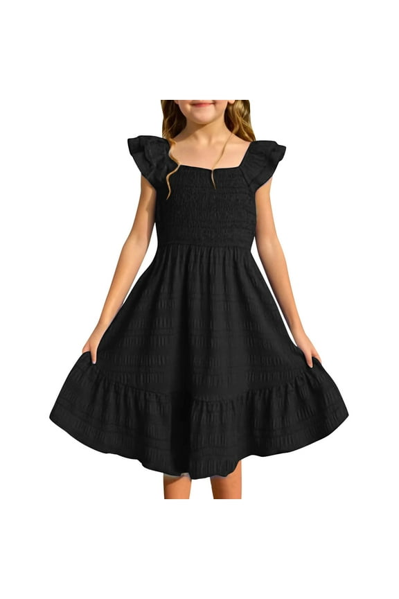 Girls Dresses size 10-12,Girls Black Dress Ruffled Sleeve Square Neck Smocked Swing Flowy Dress Back to School Outfits for Girls