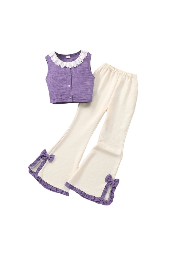 Girls Fashion Bow Knot Sleeveless Crop Top and Flared Pants Casual Summer Outfit Set for Teen Youth, Girls 2 Pieces Outfits Summer