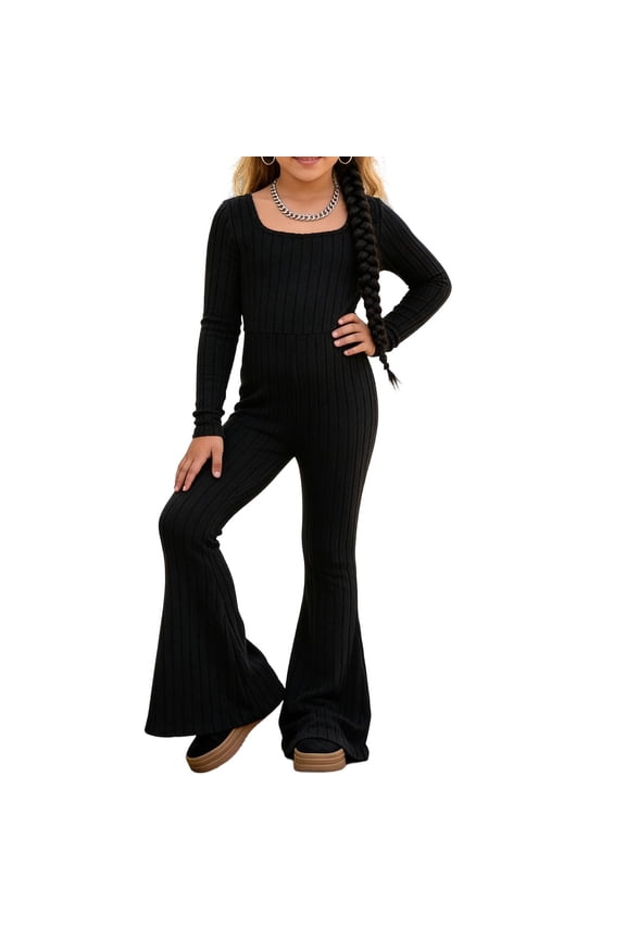 Girls Fashion Knit Jumpsuit Square Neck Flared Pants Casual Toddler Kids Outfit, Toddler Girl Clothes
