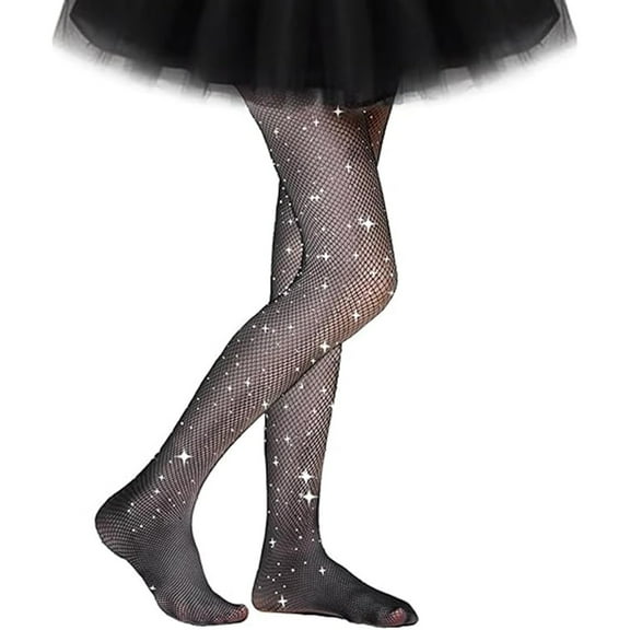 shoper Girls Fishnet Tights with Rhinestones Sparkly Embellished Pantyhose for Kids Ages 5-12 Years Black L