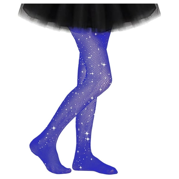 shoper Girls Fishnet Tights with Rhinestones Sparkly Embellished Pantyhose for Kids Ages 5-12 Years Blue L