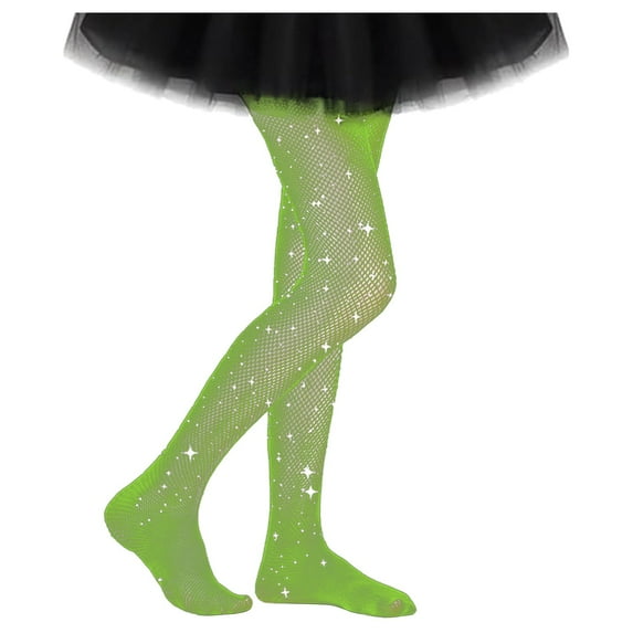 shoper Girls Fishnet Tights with Rhinestones Sparkly Embellished Pantyhose for Kids Ages 5-12 Years Green L
