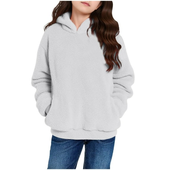shoper Girls Fleece Hoodies with Cute Cat Ear Fuzzy Hooded Pullover Sweatshirts Warm Soft Tops With Pocket Fall Winter Clothes Size 3-14 Years Grey