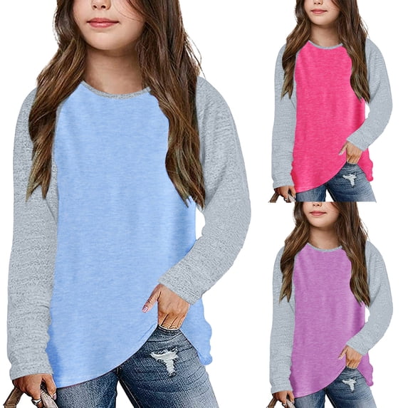 shoper Girls Green Long Sleeve Shirt Raglan Cotton Crewneck Active Fit Basic Tee, Kids Back To School Clothes