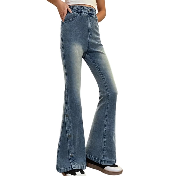 shoper Girls High Waisted Bell Bottom Jeans Skinny For Kids Pull On Stretch Denim Flare Trousers with Buttons Jeggings