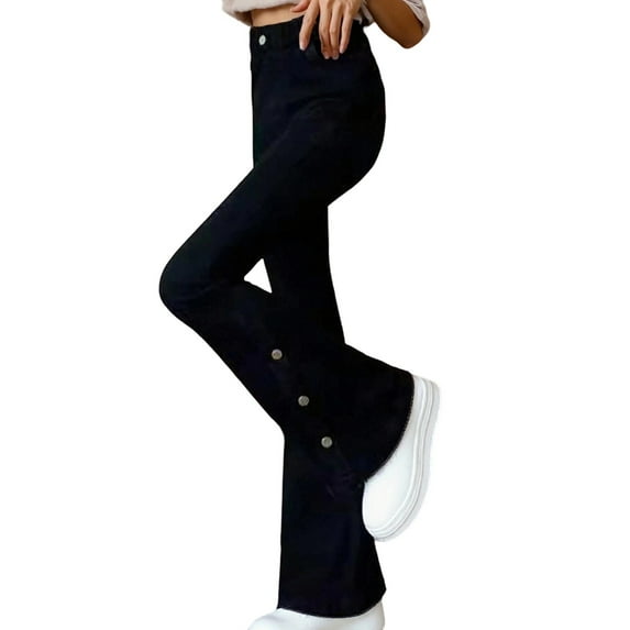 shoper Girls High Waisted Bell Bottom Jeans Skinny For Kids Pull On Stretch Denim Flare Trousers with Buttons Jeggings