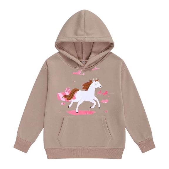 shoper Girls Hoodies Winter Warm Cartoon White Horse Print Pullover Long Sleeve Ranch Style Sweatshirt for Toddler Kids Comfortable Soft Fabric
