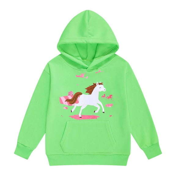 shoper Girls Hoodies Winter Warm Cartoon White Horse Print Pullover Long Sleeve Ranch Style Sweatshirt for Toddler Kids Comfortable Soft Fabric