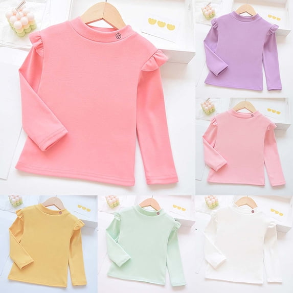 shoper Girls Large Long Sleeve Shirts Ruffle Round Neck Sport Blouse T-Shirts Toddler To Big Kid