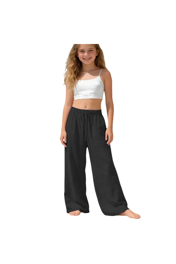 Girls Linen Pants Flowy Wide Leg Beach Trousers with Pockets High Waisted Casual Comfy Loose Pants Summer