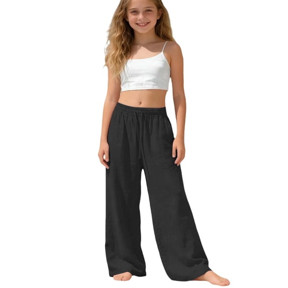 shoper Girls Linen Pants Size 14-16 Flowy Wide Leg Beach Trousers with Pockets High Waisted Casual Comfy Loose Pants Summer