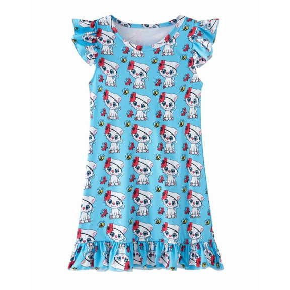 shoper Girls Nightgowns Flutter Sleeves Cute Print Sleepwear Pajamas for Toddlers Kids 3-12 Years Comfortable Summer Nightdress