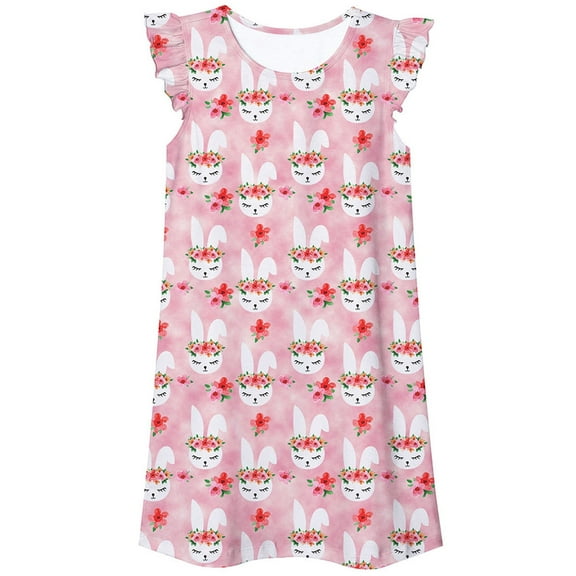 shoper Girls Nighties Size 12-14 Round Neck Cartoon Print Ruffled Sleeve Fashion Toddler Girls Pajamas Children's Breathable Nightwear Nightie Pink M