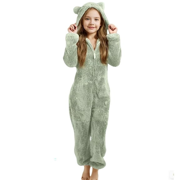 shoper Girls Onesies Pajamas Zip Up Jumpsuits Fuzzy Sherpa One Piece Loungewear Sleepwear Kids Hooded Rompers Winter Clothes for 3-12 Years