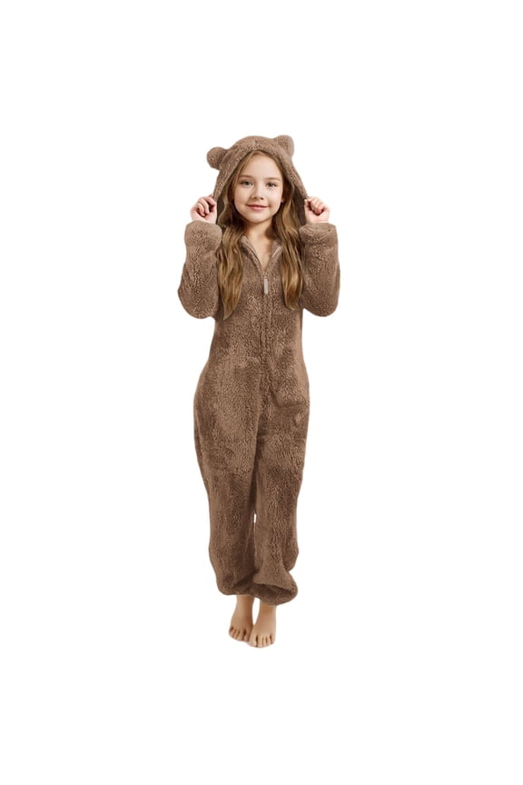 Girls Onesies Pajamas Zip Up Jumpsuits Fuzzy Sherpa One Piece Loungewear Sleepwear Kids Hooded Rompers Winter Clothes for 3-12 Years