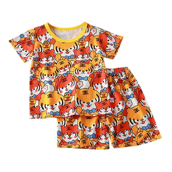 shoper Girls Outfits 5t Round Neck Cartoon Print Cotton Short Sleeve Tops and Shorts Comfy Kids' Summer Clothing Soft and Gentle on Skin Girls' Outfits Yellow 100