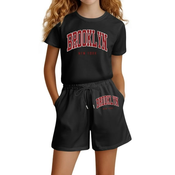 shoper Girls Outfits Round Neck Letter Print Cotton Short Sleeve Tops and Shorts Loose Baby Girl Outfits Stylish Girls' Summer Clothing Sets Black 100