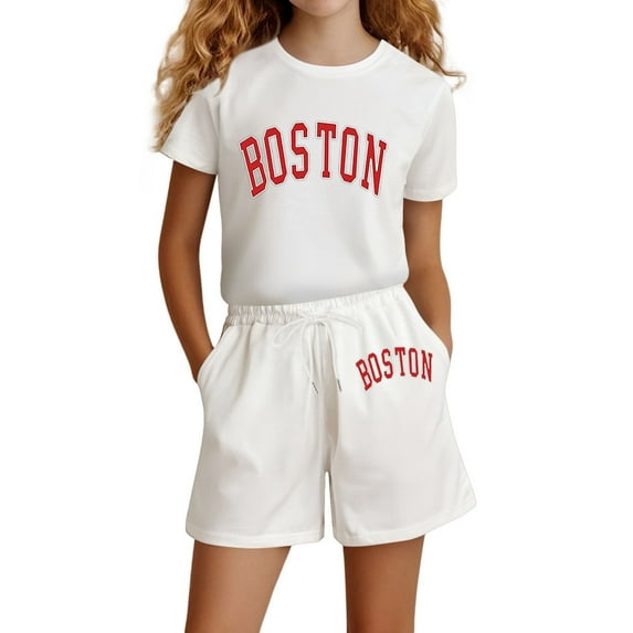 shoper Girls Outfits Round Neck Letter Print Cotton Short Sleeve Tops and Shorts Loose Baby Girl Outfits Stylish Girls' Summer Clothing Sets White 140