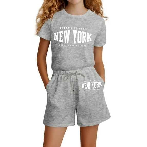 shoper Girls Outfits Round Neck Letter Print Cotton Short Sleeve Tops and Shorts Loose Baby Girl Outfits Stylish Girls' Summer Clothing Sets Grey 130