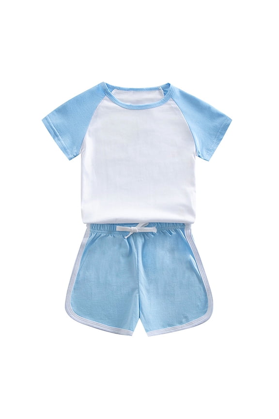 Girls Outfits Size 14-16 Round Neck Color Clash Cotton Short Sleeve Tops and Shorts Comfy Baby Girl Outfits Stylish Girls' Summer Clothing Sets Light Blue 150
