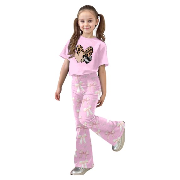 shoper Girls Outfits Size 7/8 Print Shorts Sleeve and Wide Pants Outfits Set Crewneck Everyday Street Outfit Preppy Clothes