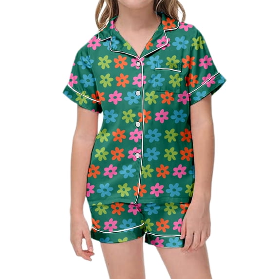 shoper Girls Pajamas Set Button-Down Top with Shorts 2 Piece Soft Lightweight PJS for Girls Kids Gifts Summer Nightwear Green 120