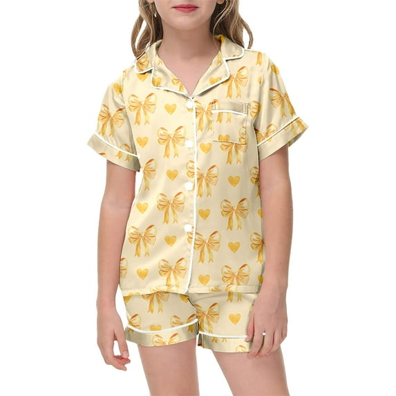 shoper Girls Pajamas Soft Pjs Set Kids 2Pcs Short Sleeve Button-Down Shirts and Shorts Nightwear Sleepwear Yellow 150